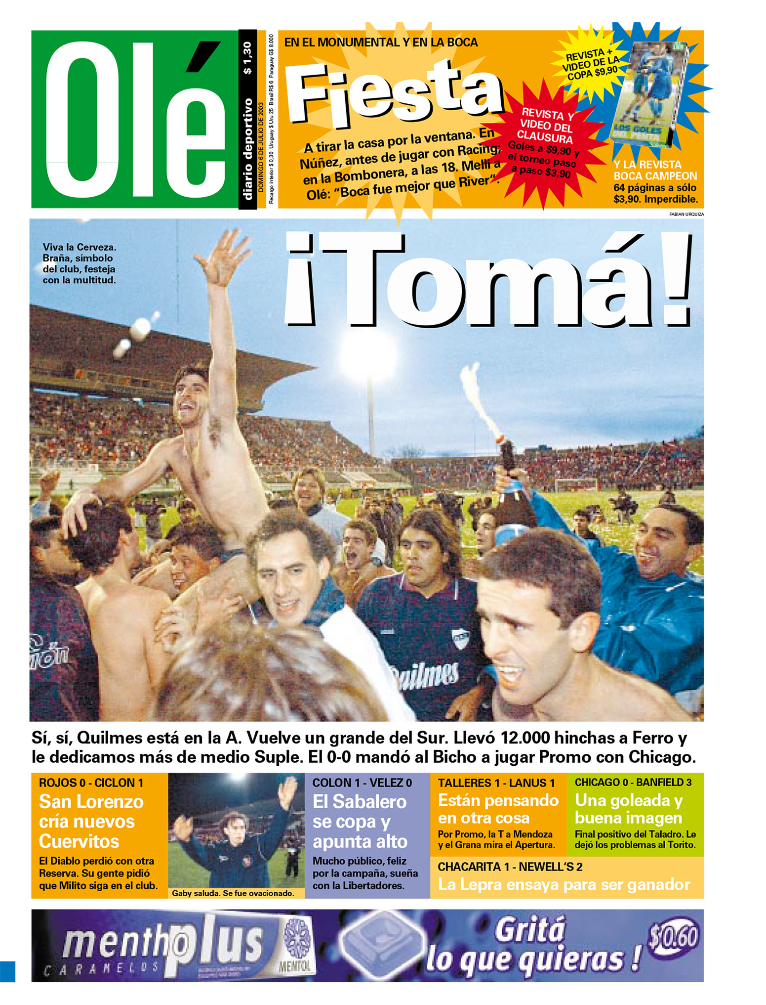 Tapa de Olé por el ascenso de Quilmes
